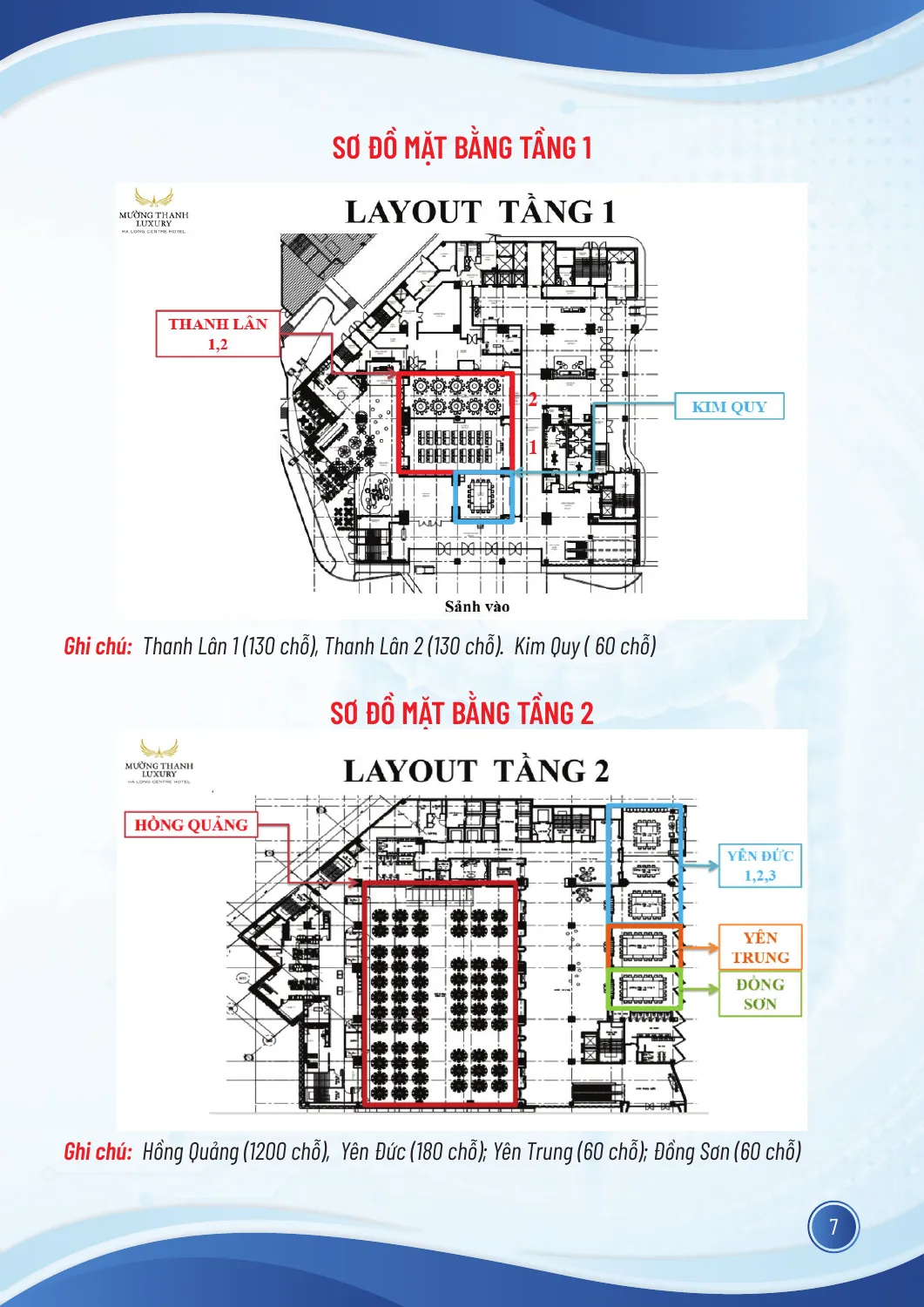 Sơ đồ mặt bằng tầng 1 và tầng 2 khách sạn Mường Thanh Hạ Long; các hội trường và số chỗ được liệt kê trong mục địa điểm.